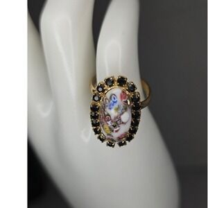 Gold Tone Oval Floral Cabochon Ring Black Rhinestones Size 5 Adjustable